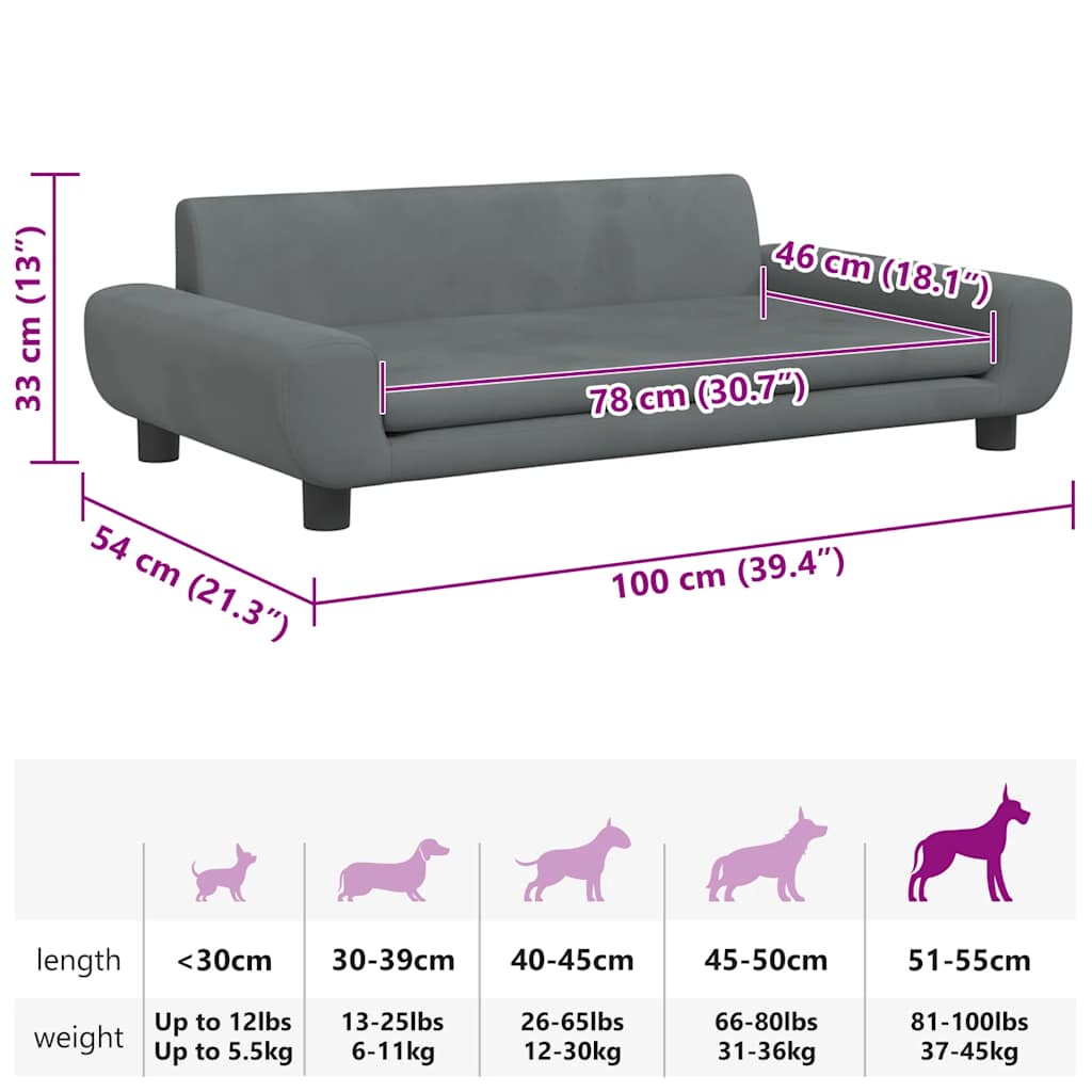 Lettino per Cani Grigio Scuro 100x54x33 cm in Velluto | homemem39