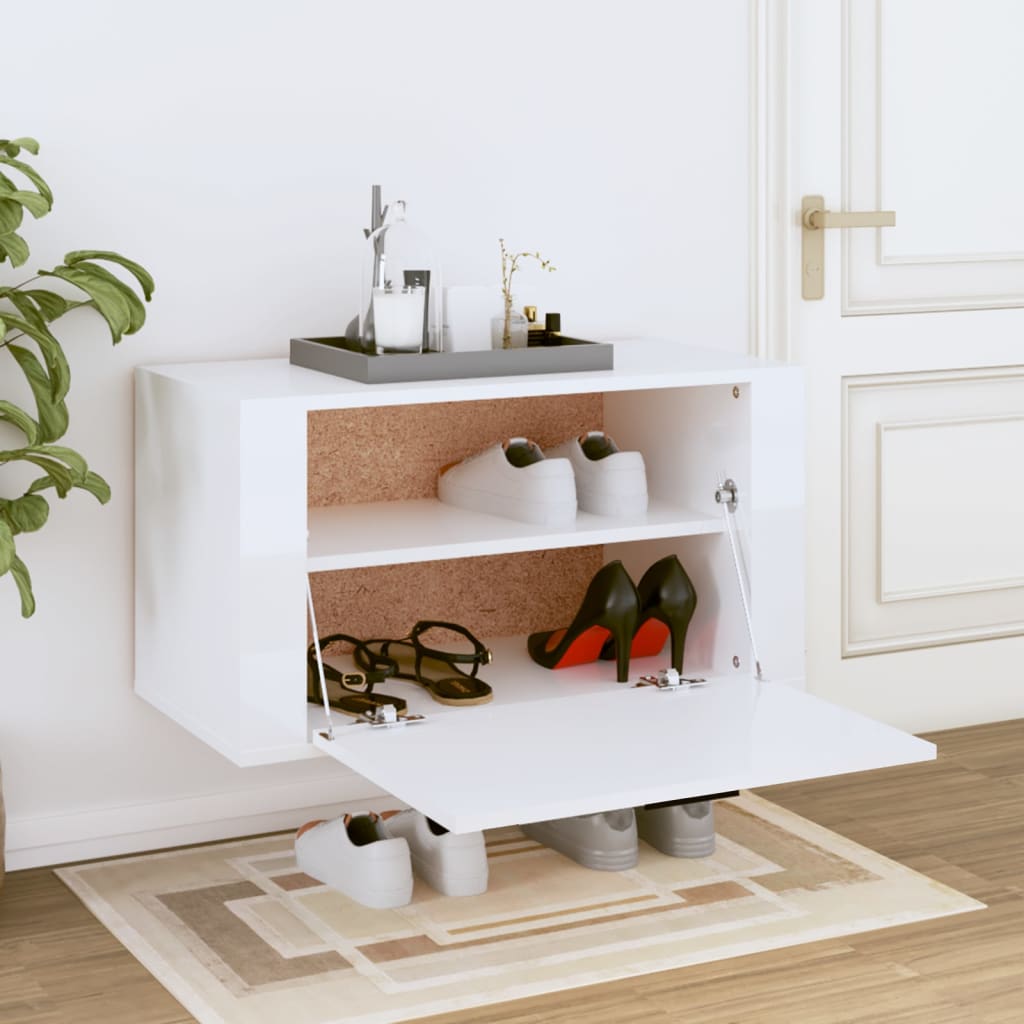 Scarpiera a Parete Bianco Lucido 70x35x38 cm Legno Multistrato - homemem39
