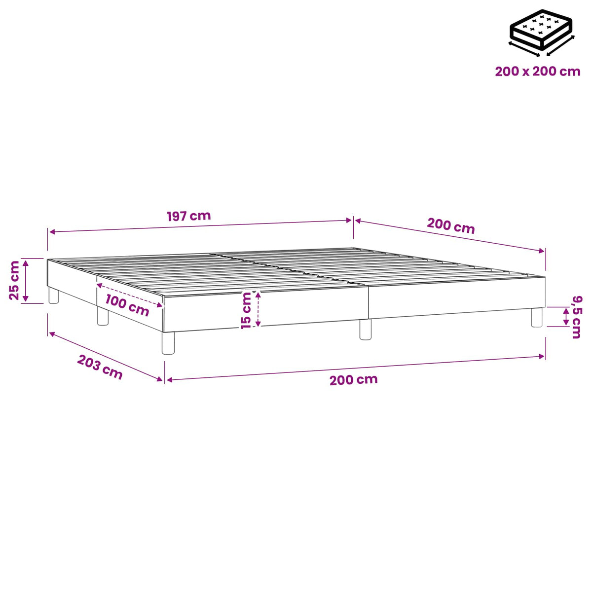 Struttura Letto a Rete a Molle Nero 200x200 cm in Tessuto