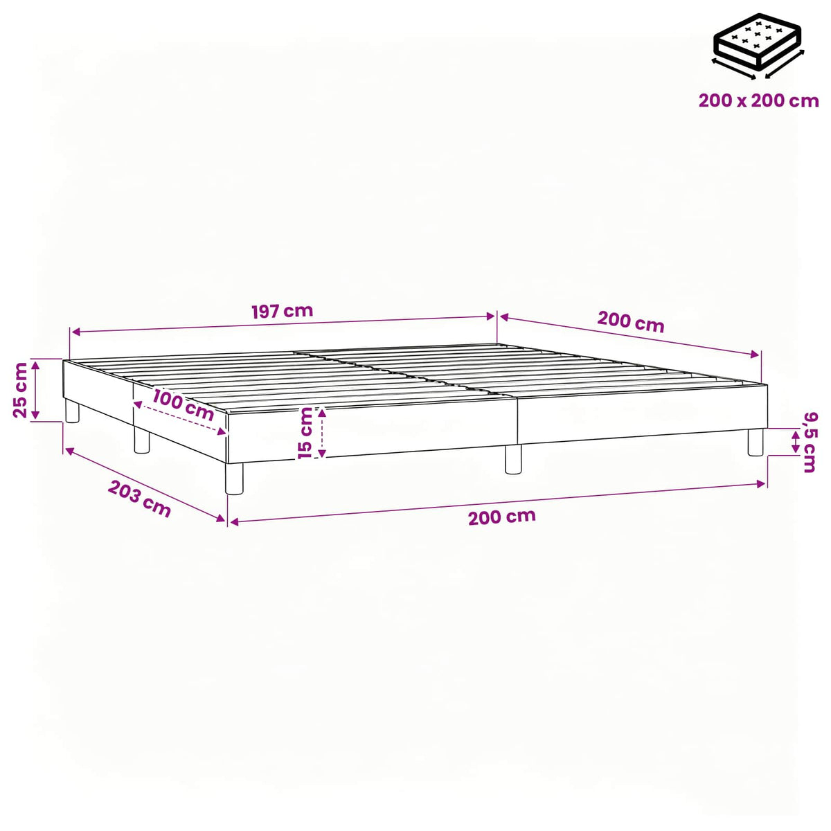 Struttura Letto a Rete a Molle Nero 200x200 cm in Tessuto