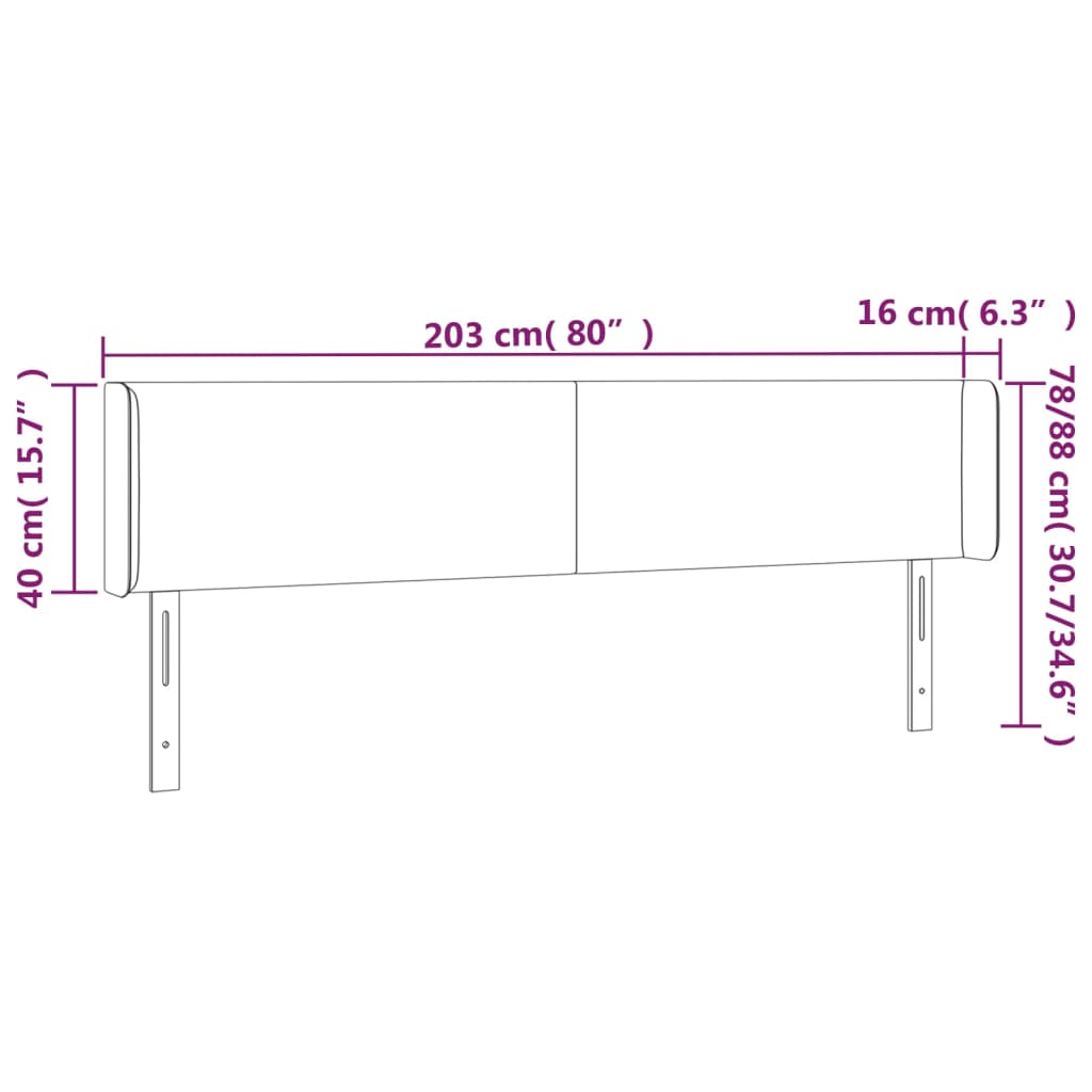 Testiera a LED Nera 203x16x78/88 cm in Tessuto