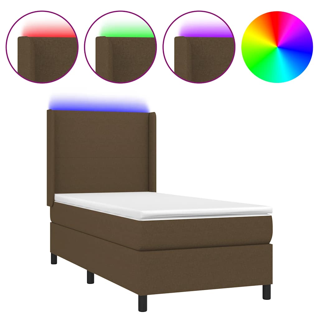 Letto a Molle Materasso e LED Marrone Scuro 90x190cm in Tessuto | homemem39