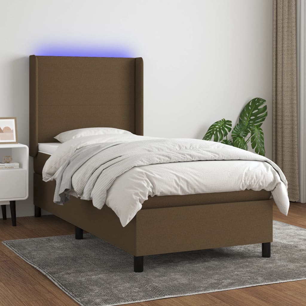 Letto a Molle Materasso e LED Marrone Scuro 90x190cm in Tessuto | homemem39