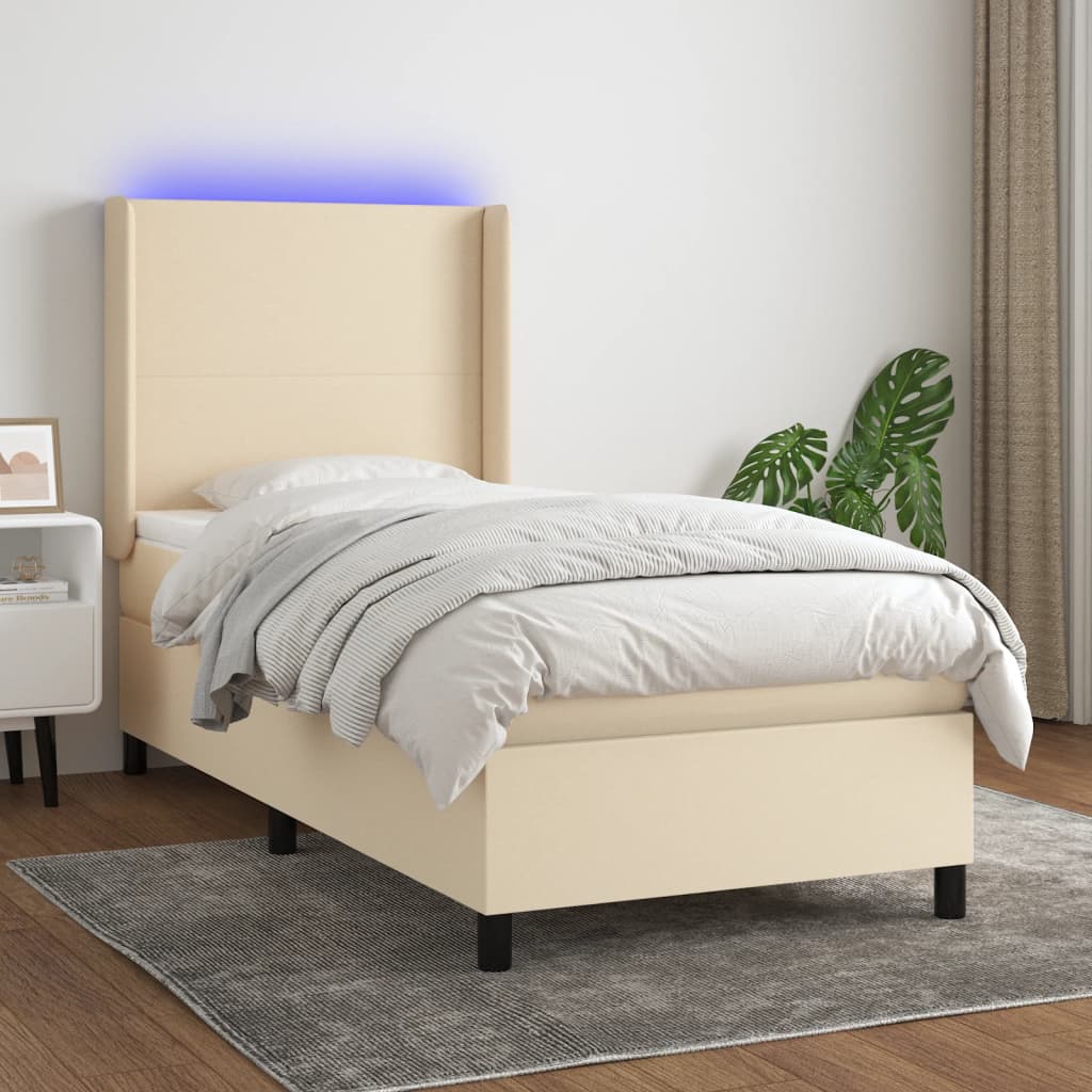 Letto a Molle con Materasso e LED Crema 90x190 cm in Tessuto | homemem39