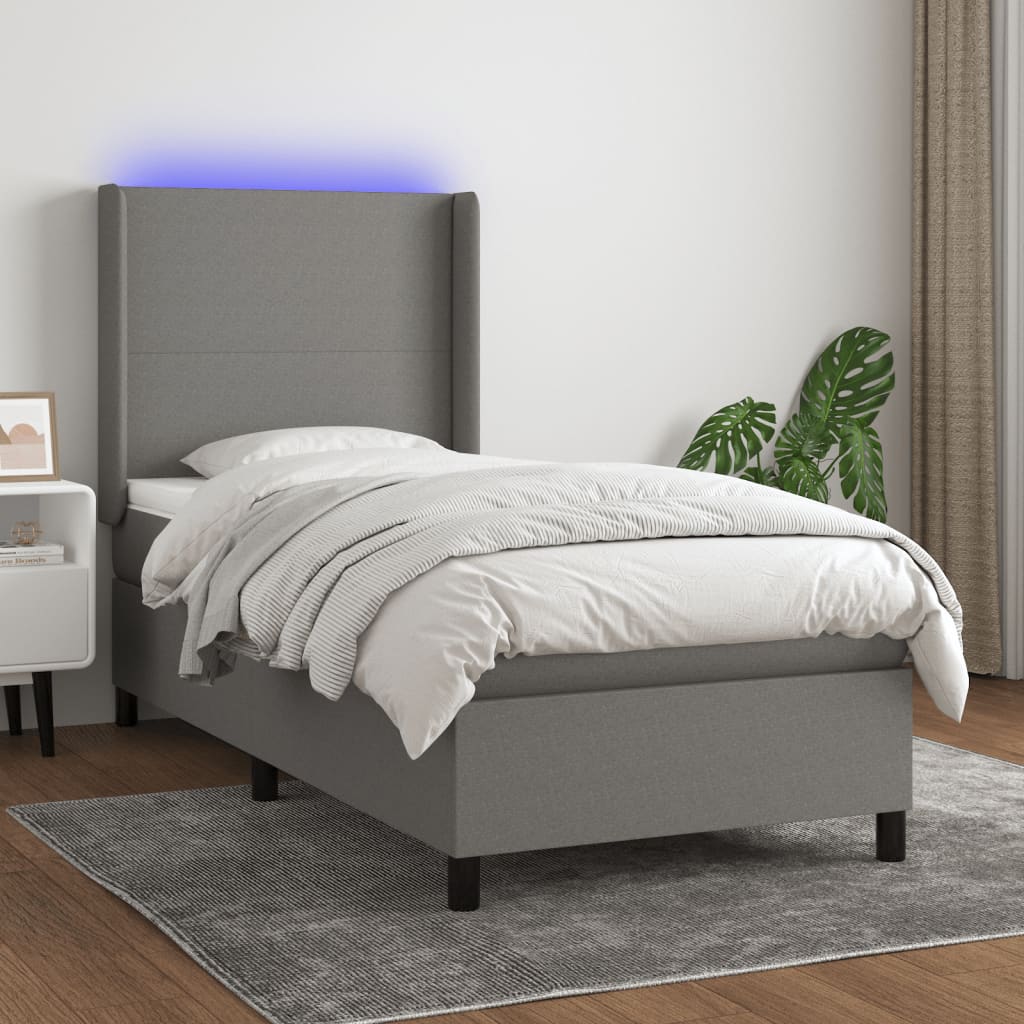 Letto a Molle Materasso e LED Grigio Scuro 90x200 cm in Tessuto | homemem39