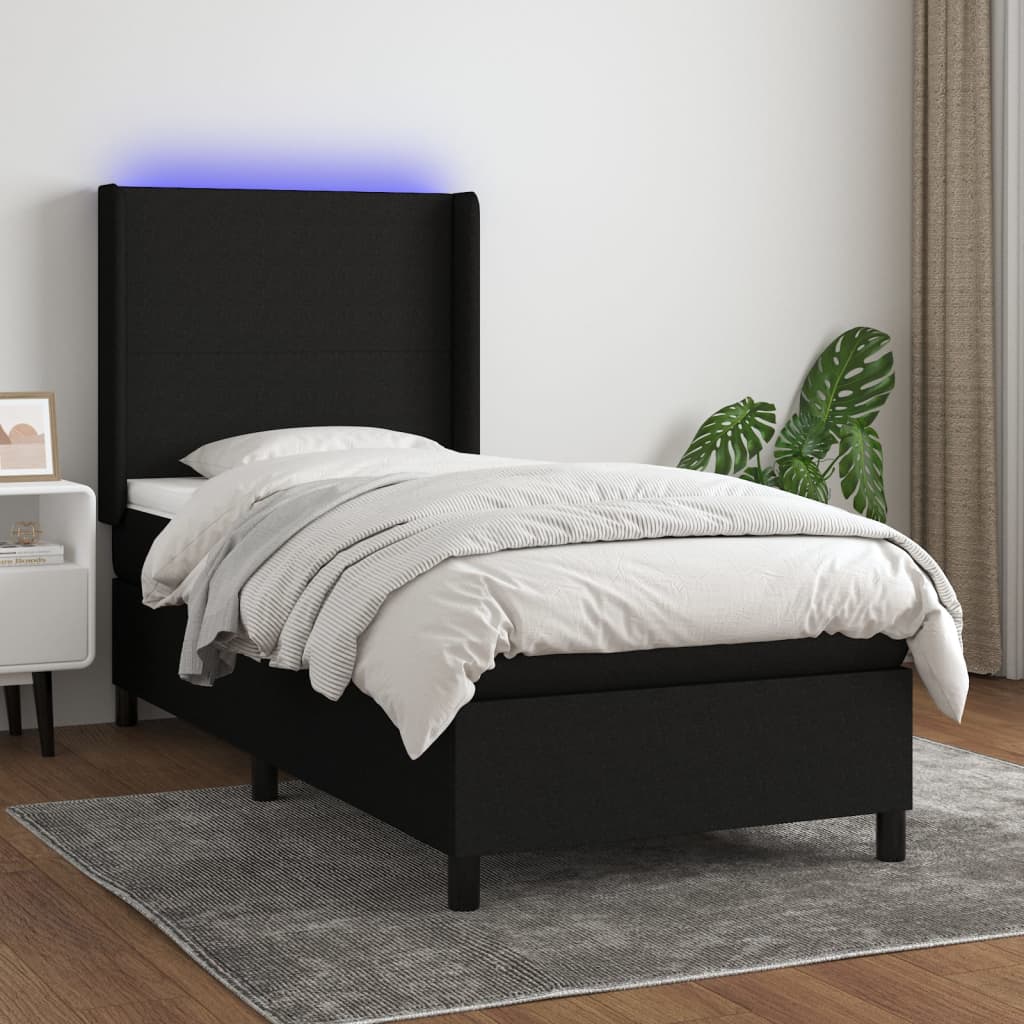 Letto a Molle con Materasso e LED Nero 90x200 cm in Tessuto - homemem39