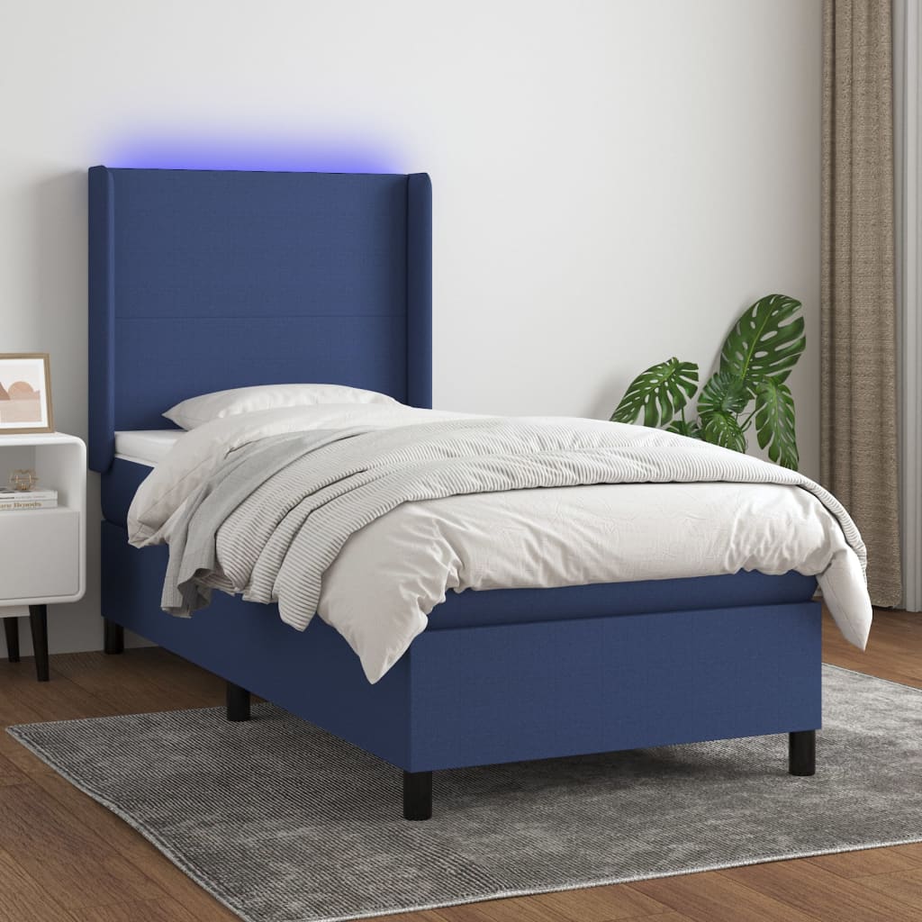 Letto a Molle con Materasso e LED Blu 90x200 cm in Tessuto | homemem39