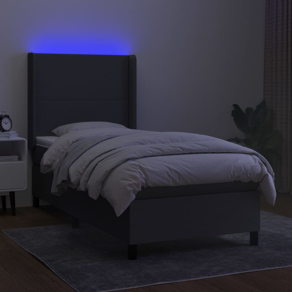 Letto a Molle Materasso e LED Grigio Scuro 100x200cm in Tessuto | homemem39
