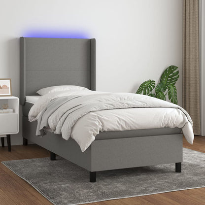 Letto a Molle Materasso e LED Grigio Scuro 100x200cm in Tessuto | homemem39