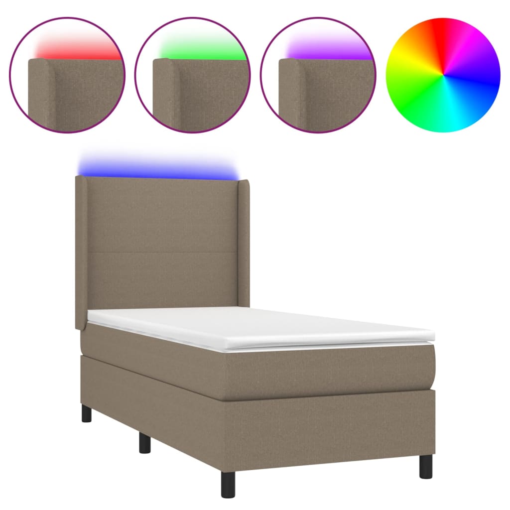 Letto a Molle con Materasso e LED Tortora 100x200cm in Tessuto | homemem39