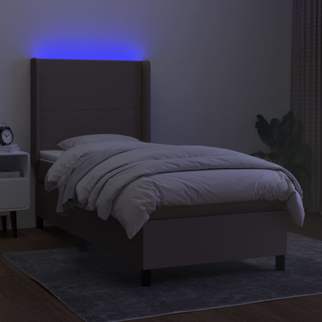 Letto a Molle con Materasso e LED Tortora 100x200cm in Tessuto | homemem39