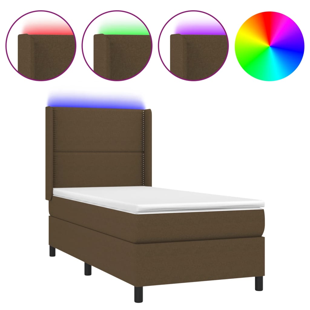 Letto a Molle Materasso e LED Marrone Scuro 90x190cm in Tessuto - homemem39