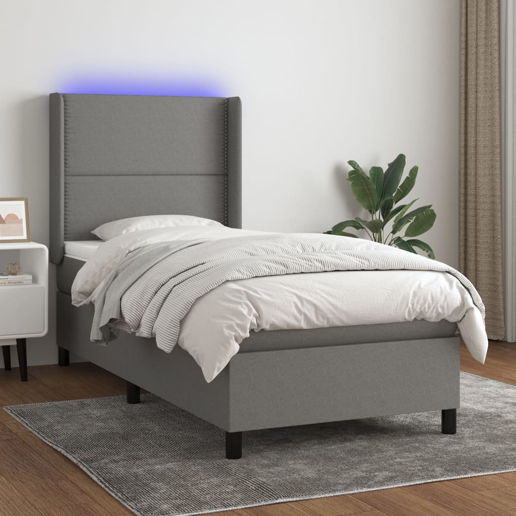 Letto a Molle Materasso e LED Grigio Scuro 90x200 cm in Tessuto - homemem39