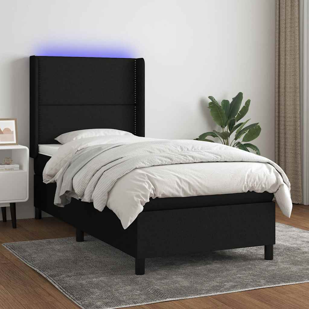 Letto a Molle con Materasso e LED Nero 100x200 cm in Tessuto