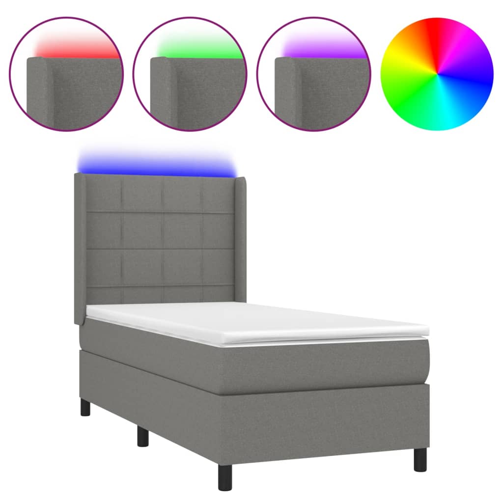 Letto a Molle Materasso e LED Grigio Scuro 90x200 cm in Tessuto - homemem39