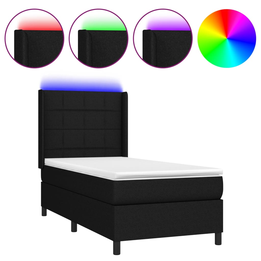 Letto a Molle con Materasso e LED Nero 90x200 cm in Tessuto - homemem39