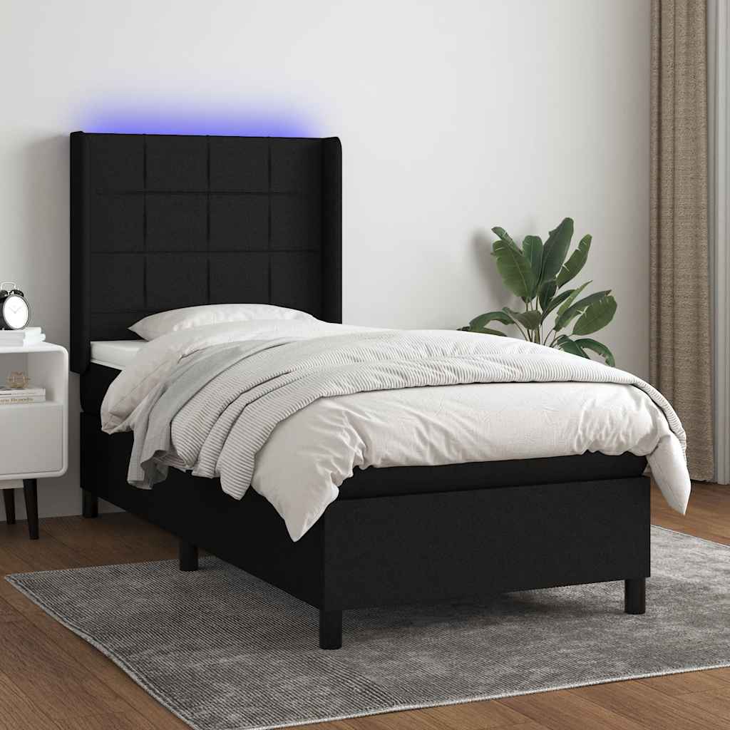 Letto a Molle con Materasso e LED Nero 90x200 cm in Tessuto
