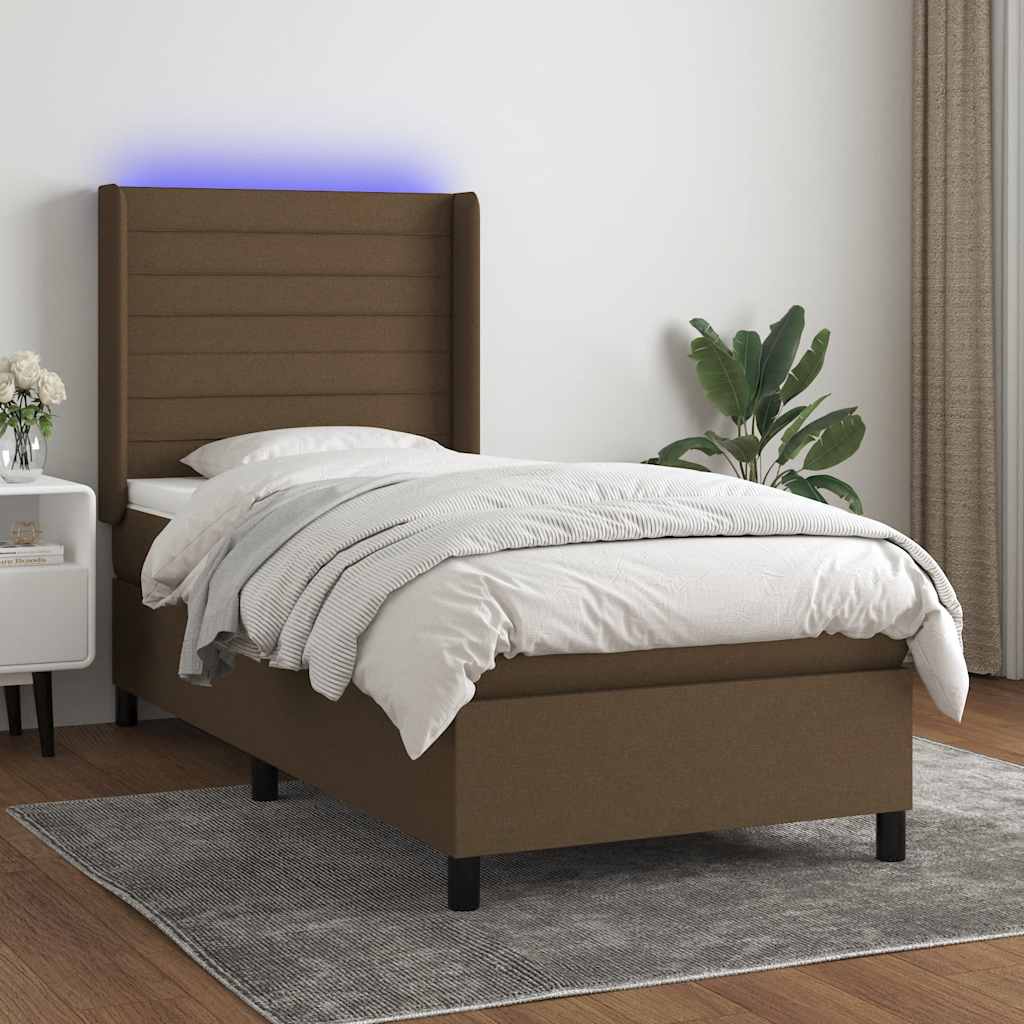 Letto a Molle Materasso e LED Marrone Scuro 90x200cm in Tessuto | homemem39