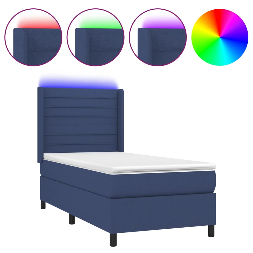 Letto a Molle con Materasso e LED Blu 90x200 cm in Tessuto | homemem39