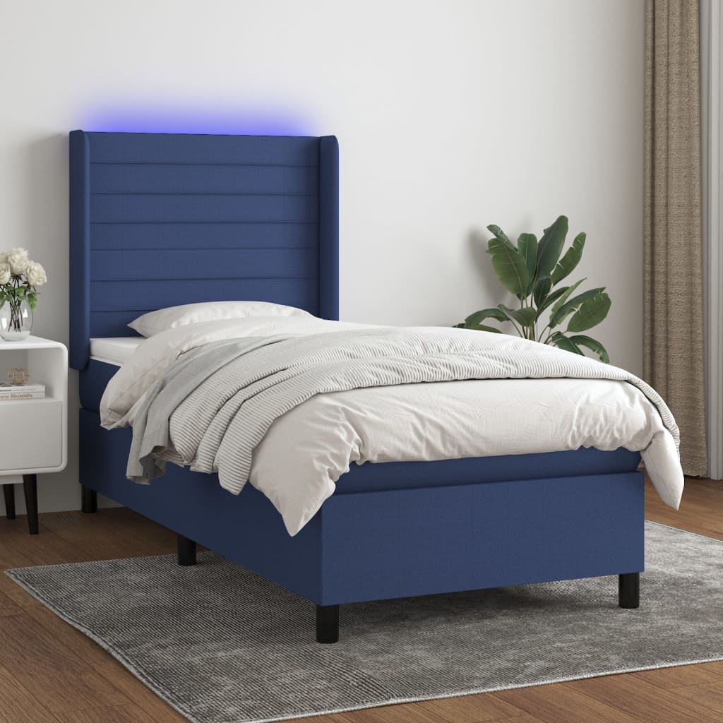 Letto a Molle con Materasso e LED Blu 90x200 cm in Tessuto | homemem39