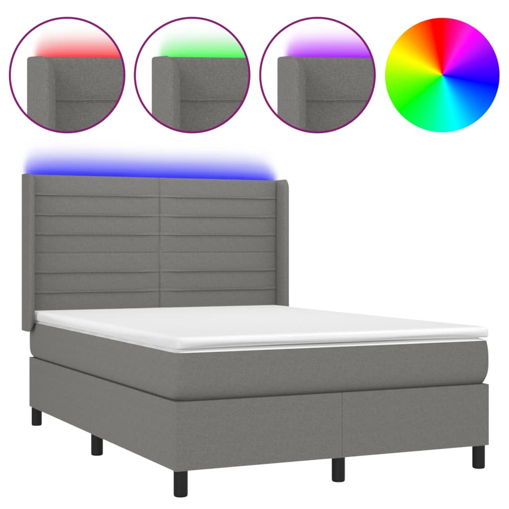 Letto a Molle Materasso e LED Grigio Scuro 140x200cm in Tessuto