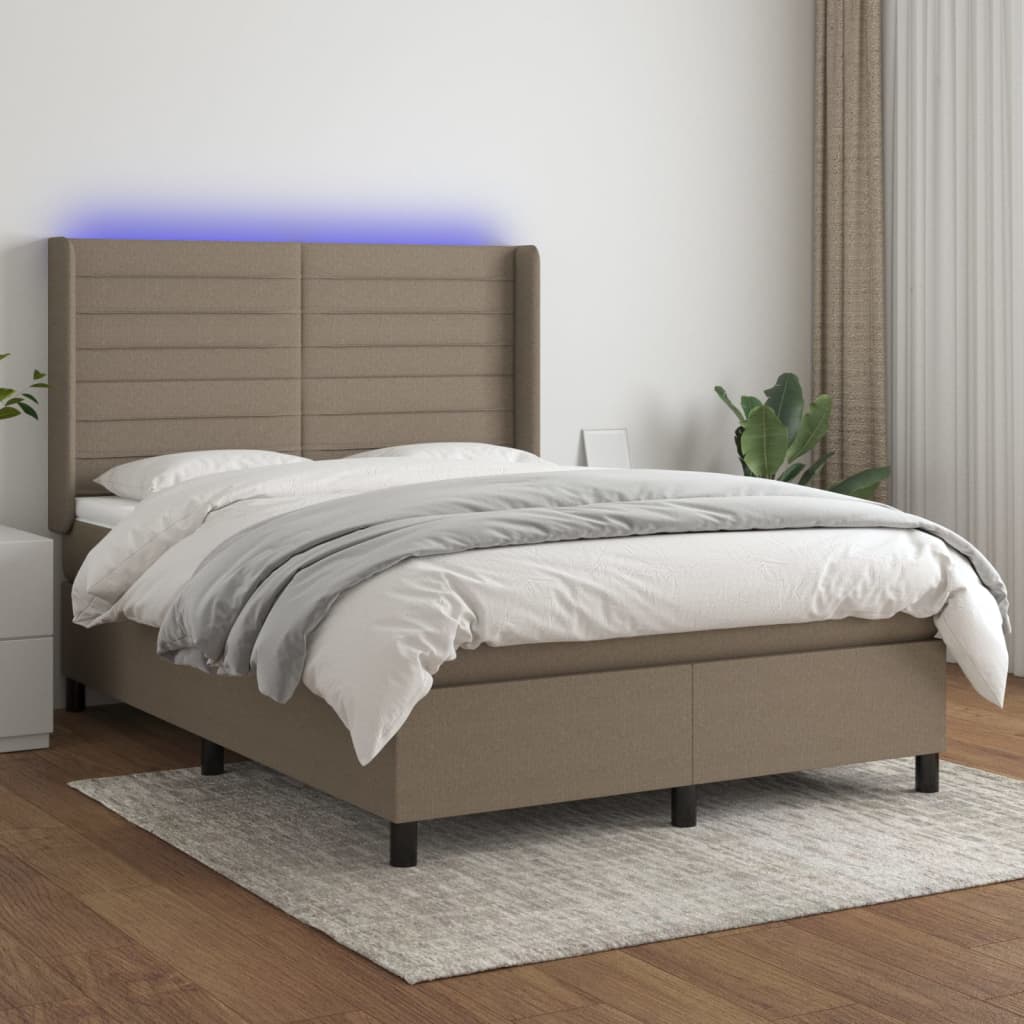 Letto a Molle con Materasso e LED Tortora 140x200 cm in Tessuto | homemem39