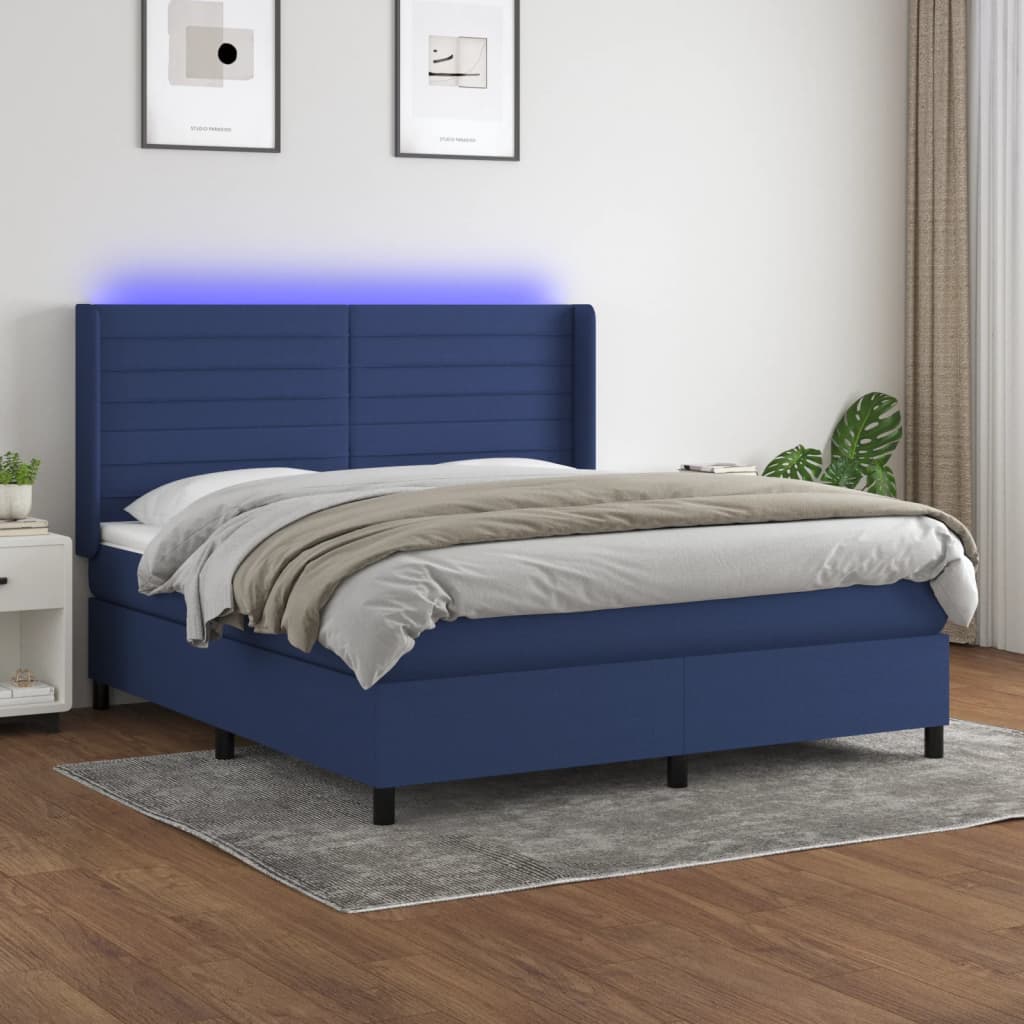 Letto a Molle con Materasso e LED Blu 160x200 cm in Tessuto - homemem39