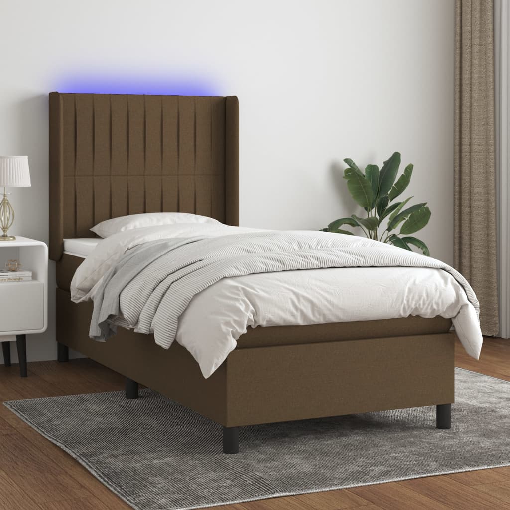 Letto a Molle Materasso e LED Marrone Scuro 80x200cm in Tessuto | homemem39