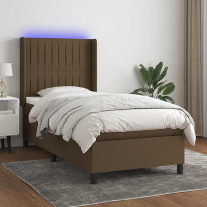 Letto a Molle Materasso e LED Marrone Scuro 80x200cm in Tessuto | homemem39