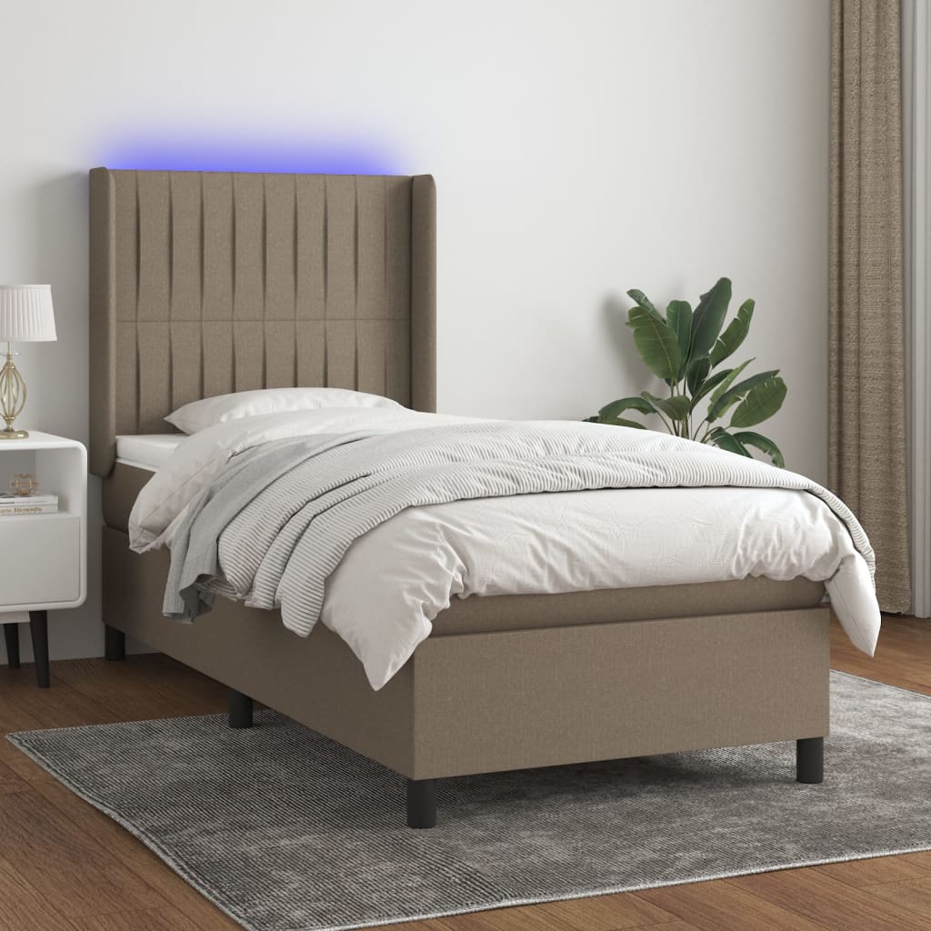 Letto a Molle con Materasso e LED Tortora 90x200 cm in Tessuto - homemem39