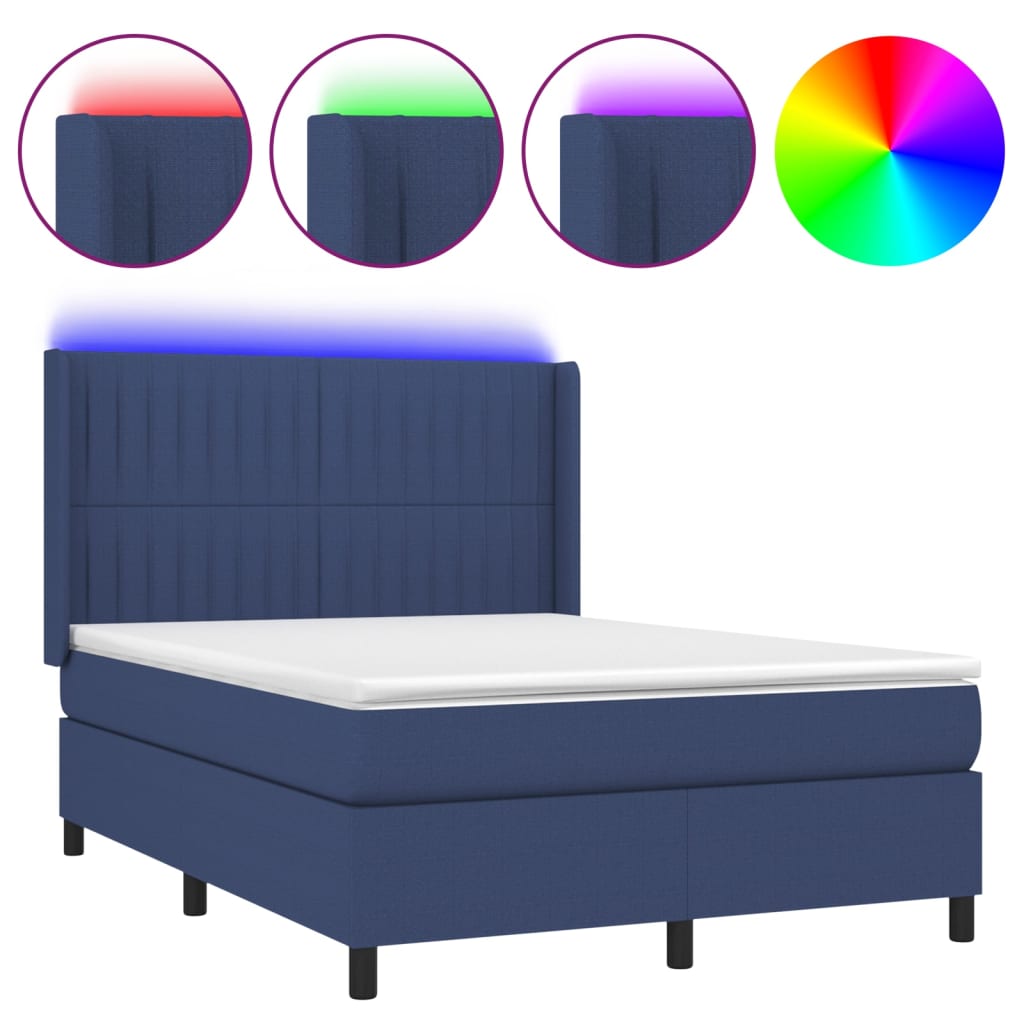 Letto a Molle con Materasso e LED Blu 140x200 cm in Tessuto - homemem39