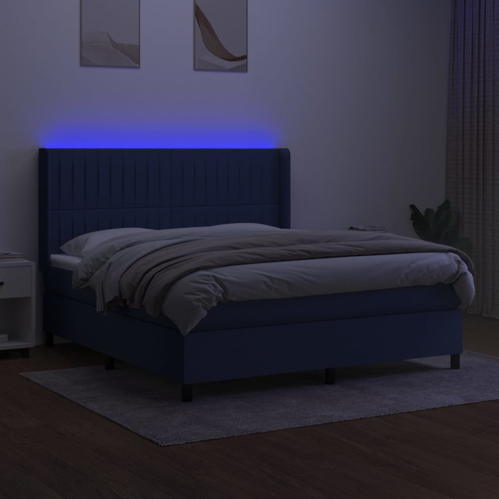 Letto a Molle con Materasso e LED Blu 160x200 cm in Tessuto
