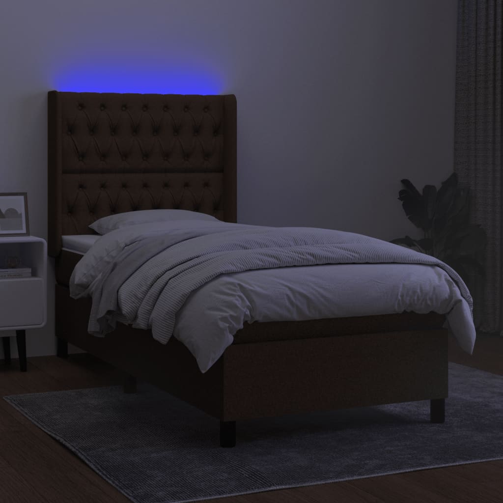 Letto a Molle Materasso e LED Marrone Scuro 80x200cm in Tessuto | homemem39