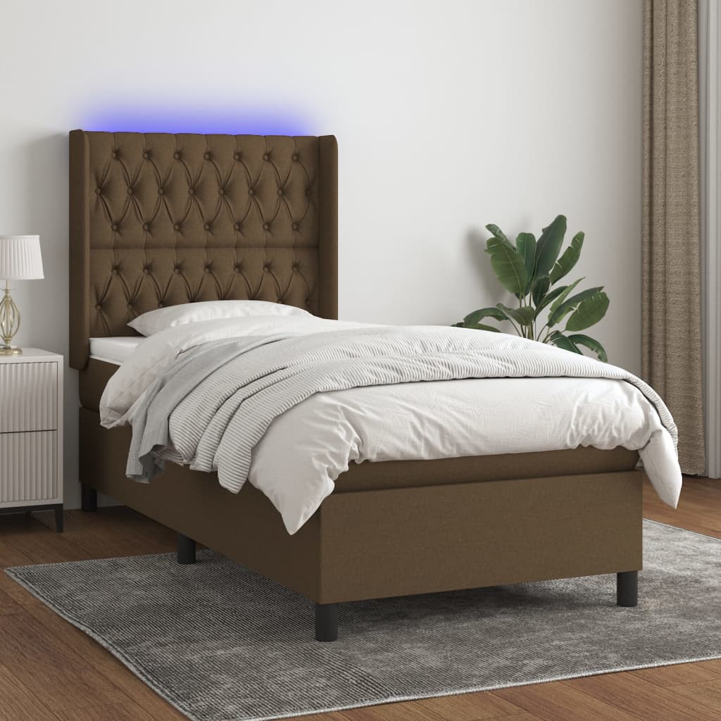 Letto a Molle Materasso e LED Marrone Scuro 80x200cm in Tessuto | homemem39