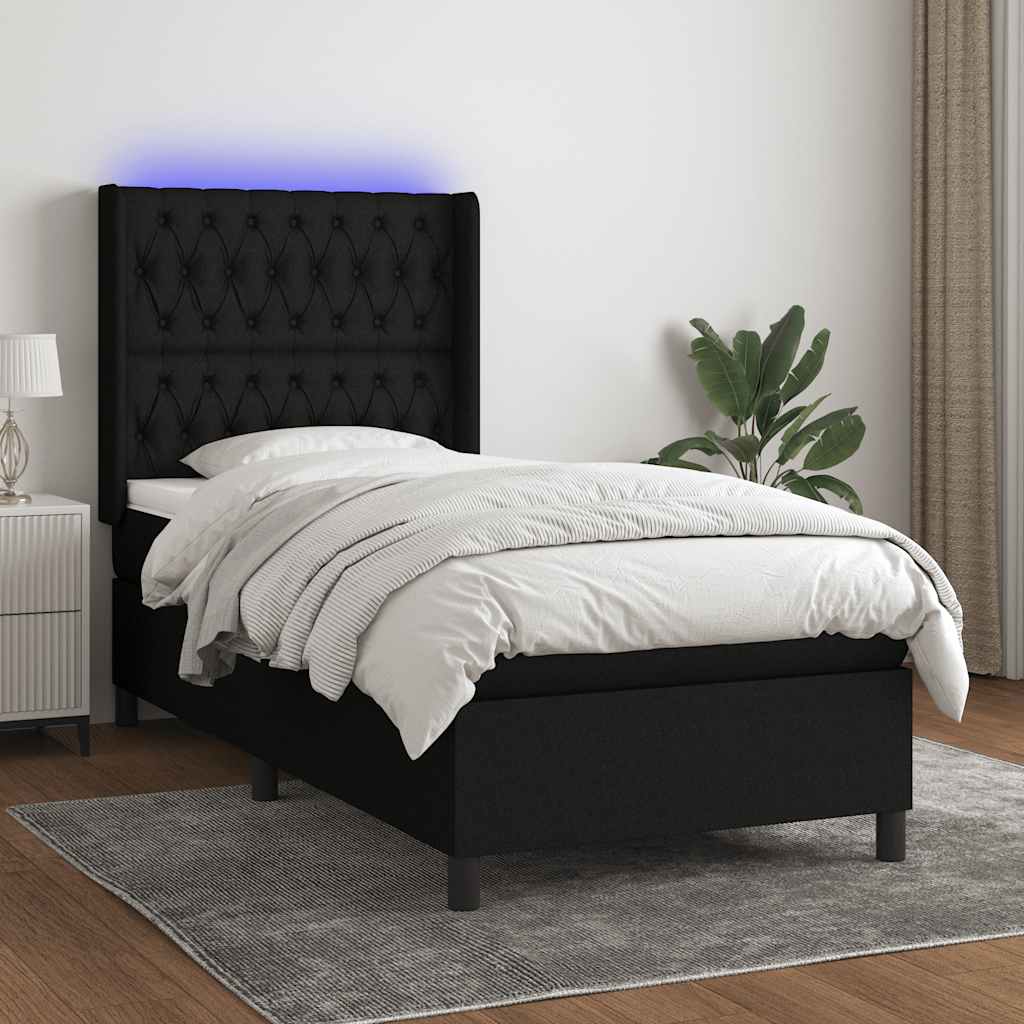 Letto a Molle con Materasso e LED Nero 90x190 cm in Tessuto