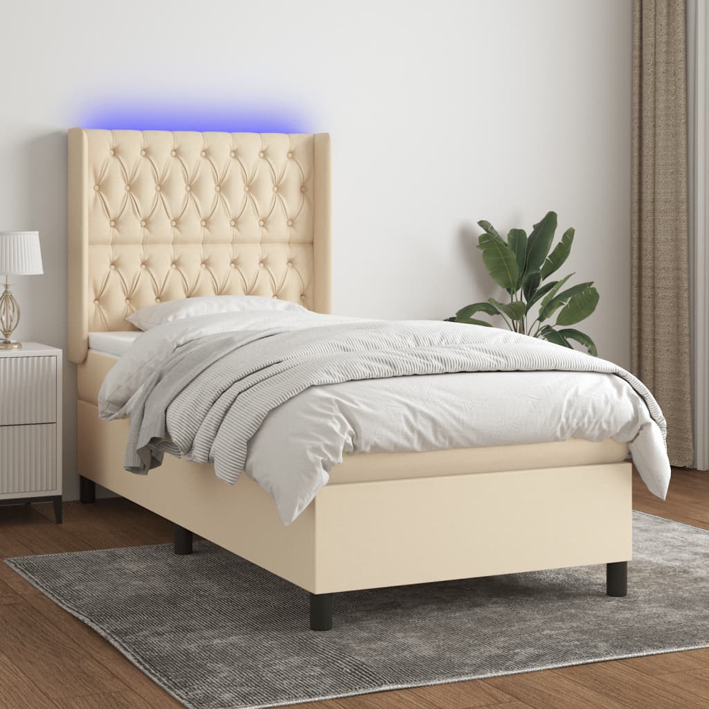 Letto a Molle con Materasso e LED Crema 90x190 cm in Tessuto