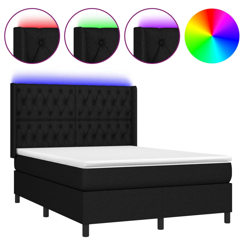 Letto a Molle con Materasso e LED Nero 140x200 cm in Tessuto - homemem39