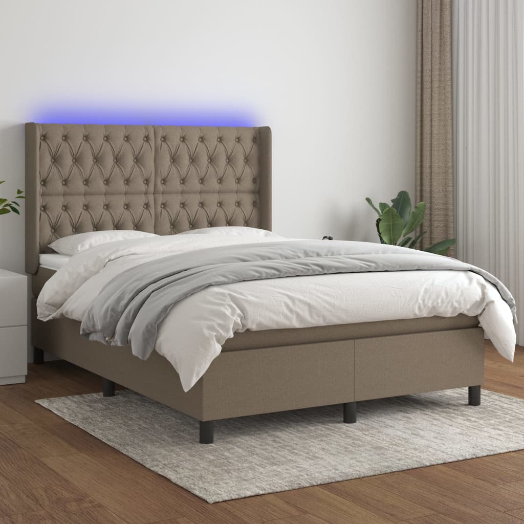 Letto a Molle con Materasso e LED Tortora 140x200 cm in Tessuto | homemem39