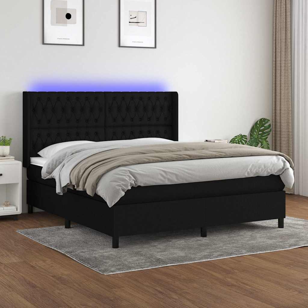 Letto a Molle con Materasso e LED Nero 160x200 cm in Tessuto | homemem39