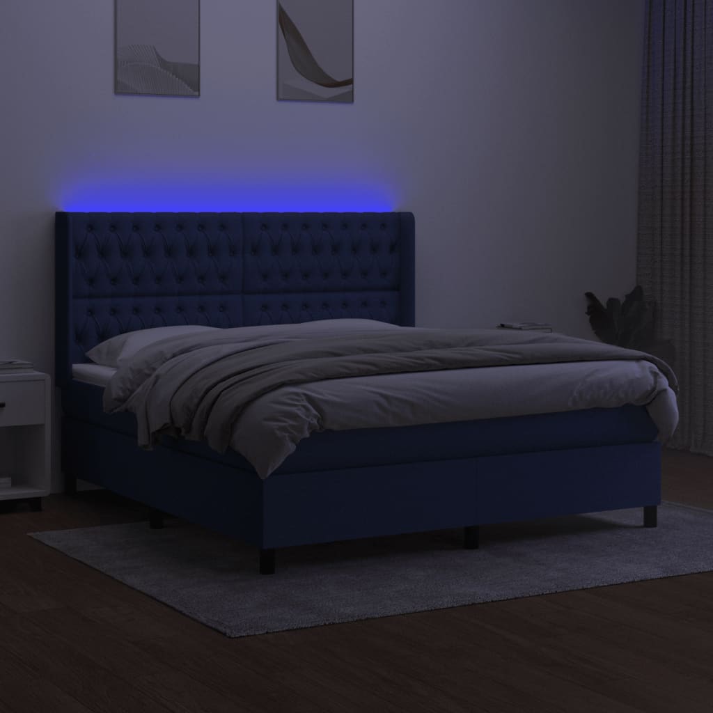 Letto a Molle con Materasso e LED Blu 160x200 cm in Tessuto