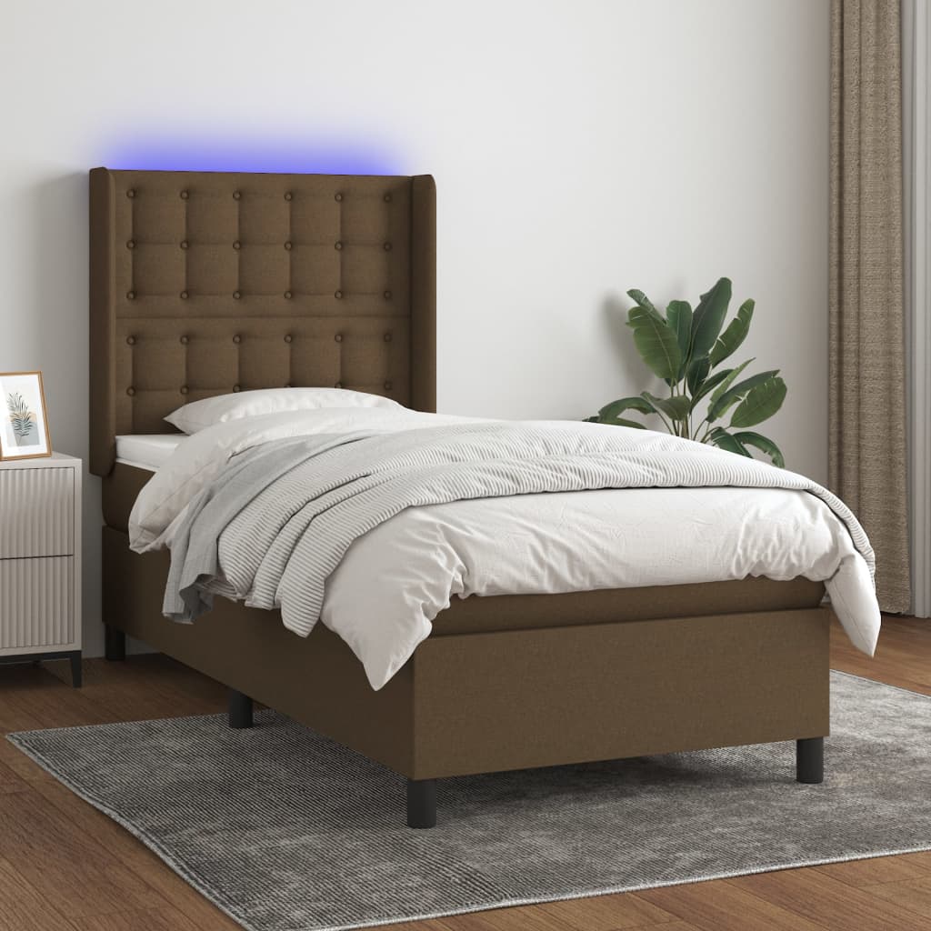 Letto a Molle Materasso e LED Marrone Scuro 80x200cm in Tessuto | homemem39