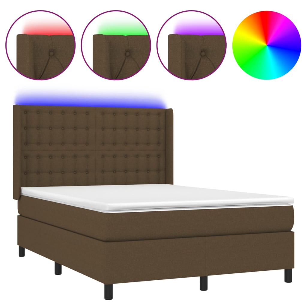 Letto a Molle Materasso e LED MarroneScuro 140x190cm in Tessuto | homemem39
