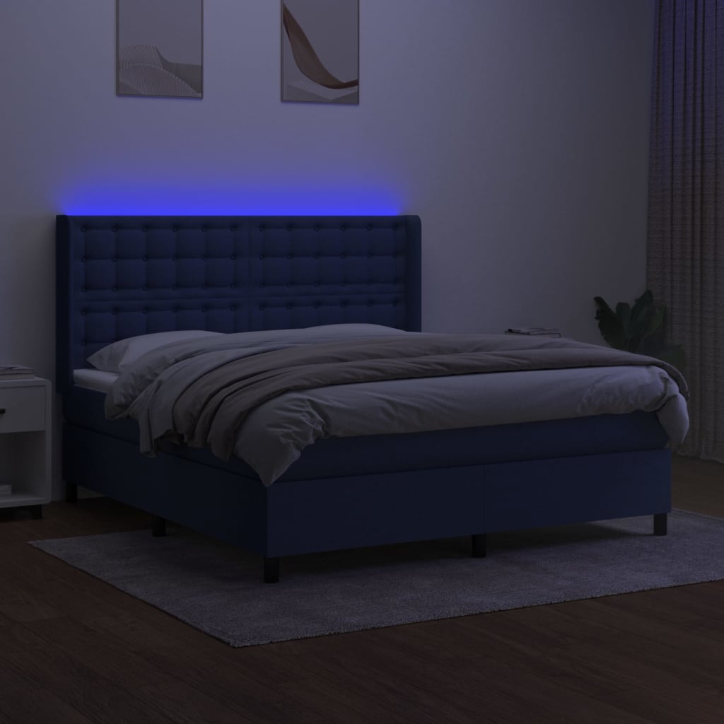 Letto a Molle con Materasso e LED Blu 160x200 cm in Tessuto