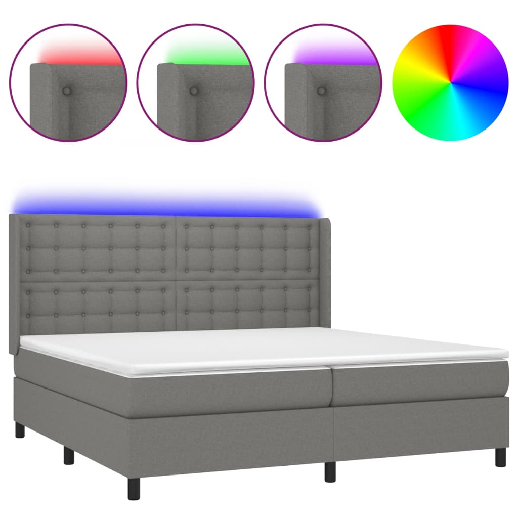 Letto a Molle Materasso e LED Grigio Scuro 200x200cm in Tessuto - homemem39