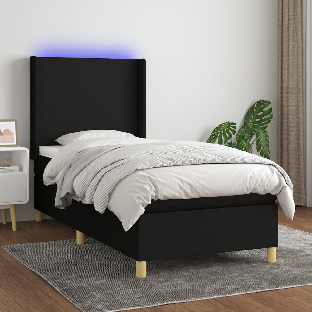 Letto a Molle con Materasso e LED Nero 90x200 cm in Tessuto - homemem39