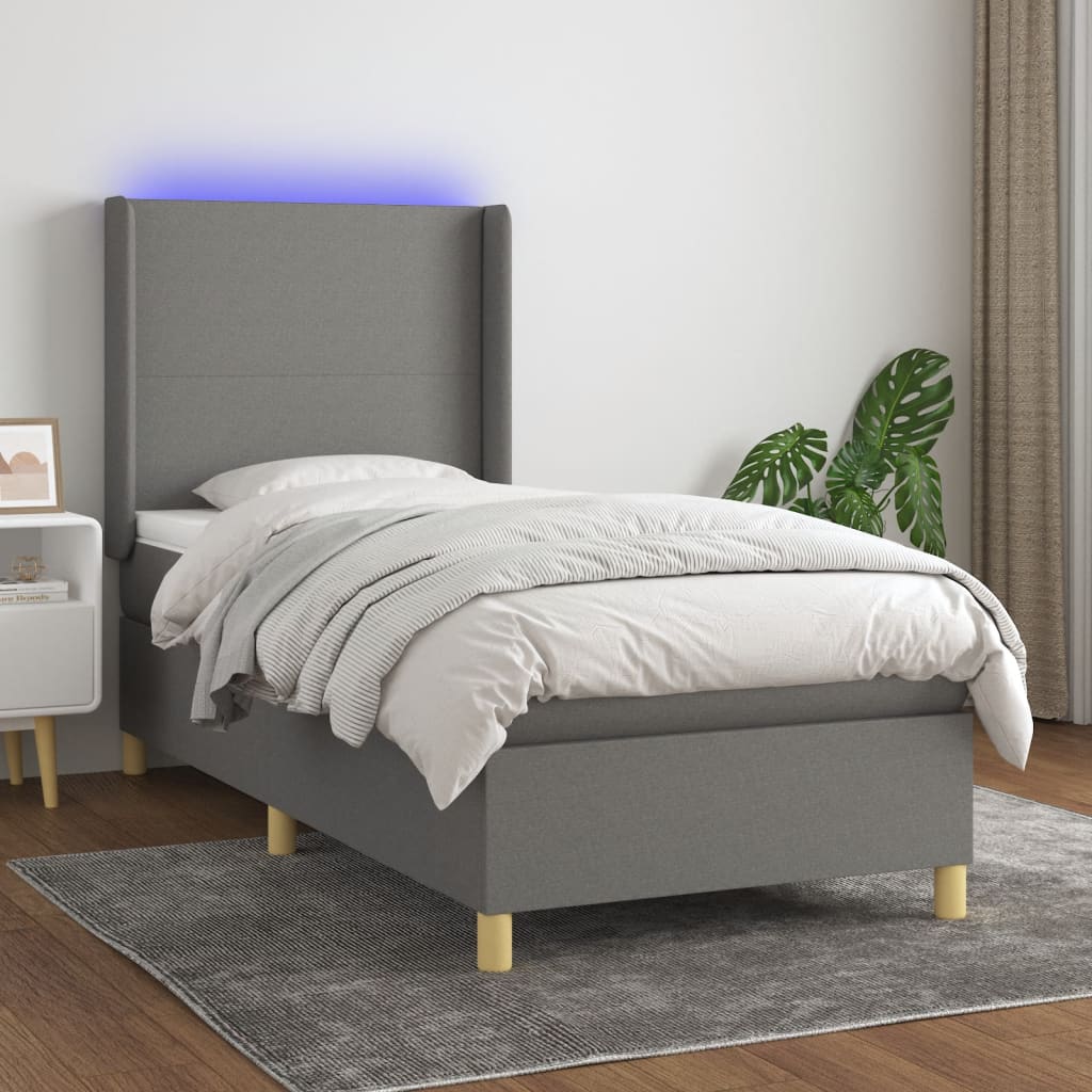 Letto a Molle Materasso e LED Grigio Scuro 100x200cm in Tessuto - homemem39