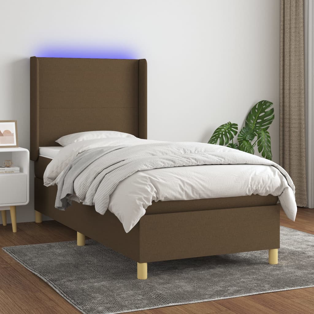 Letto a Molle Materasso e LED Marrone Scuro 100x200 cm Tessuto | homemem39