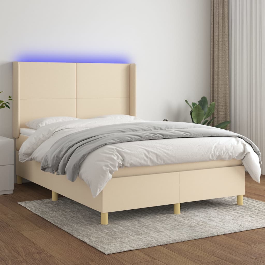 Letto a Molle con Materasso e LED Crema 140x200 cm in Tessuto - homemem39