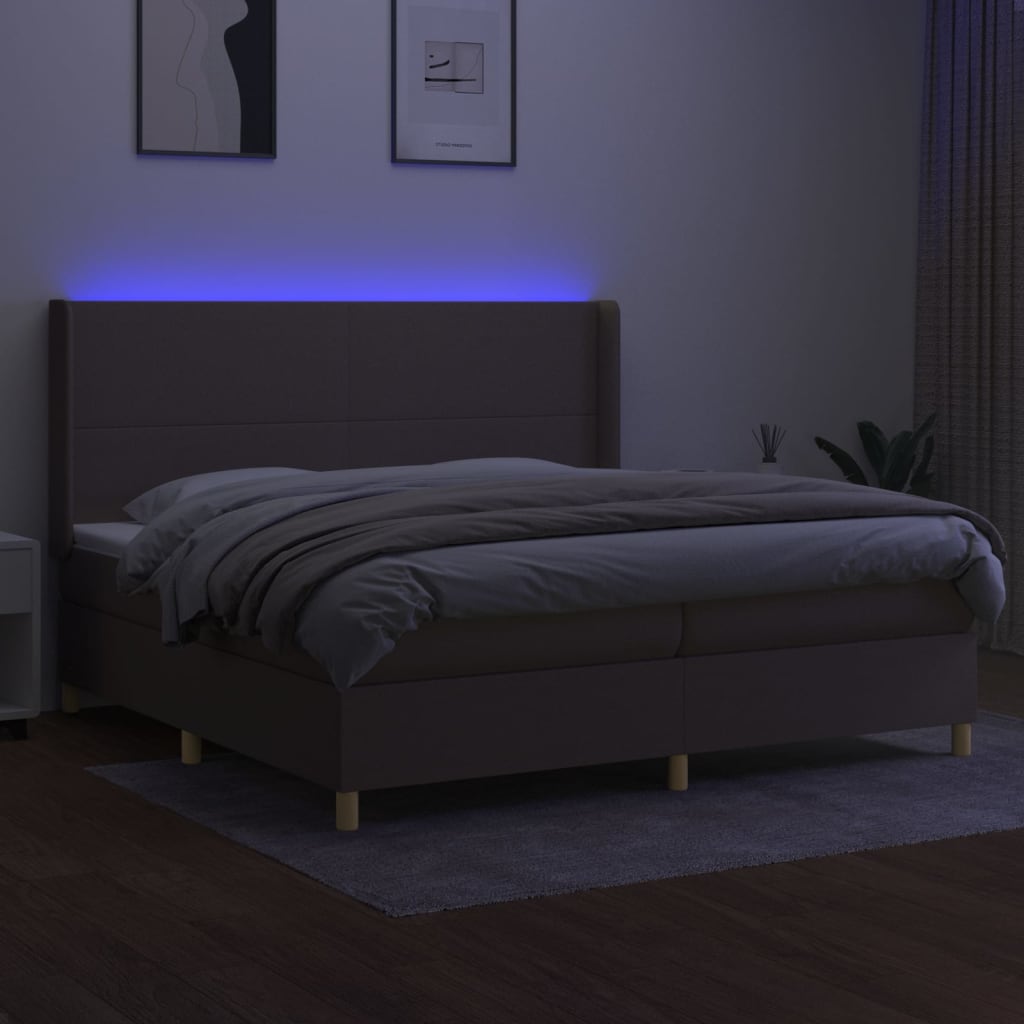 Letto a Molle Materasso e LED tortora 200x200cm in Tessuto