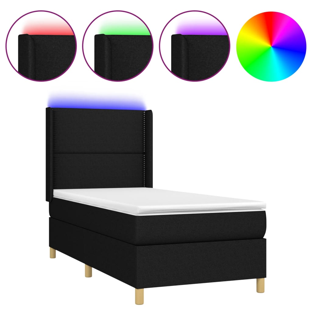 Letto a Molle con Materasso e LED Nero 90x200 cm in Tessuto - homemem39